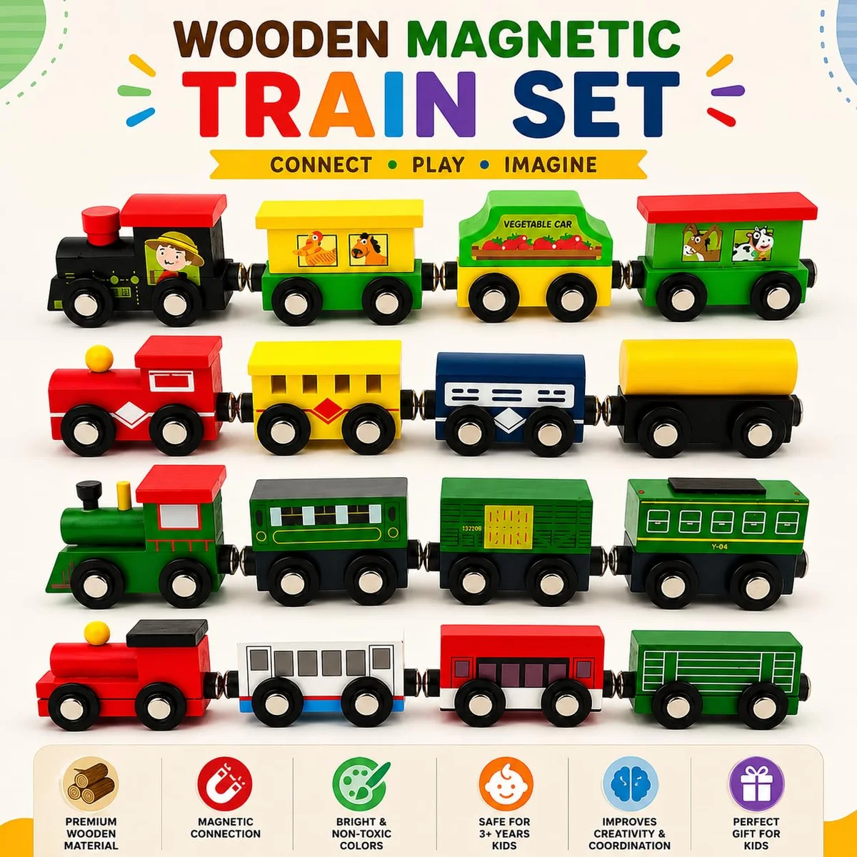 Toyly World™ Wooden Magnetic Train Set for Kids 3+ | Colourful Toy Train & Carriages | Pretend Play Learning Toy 5