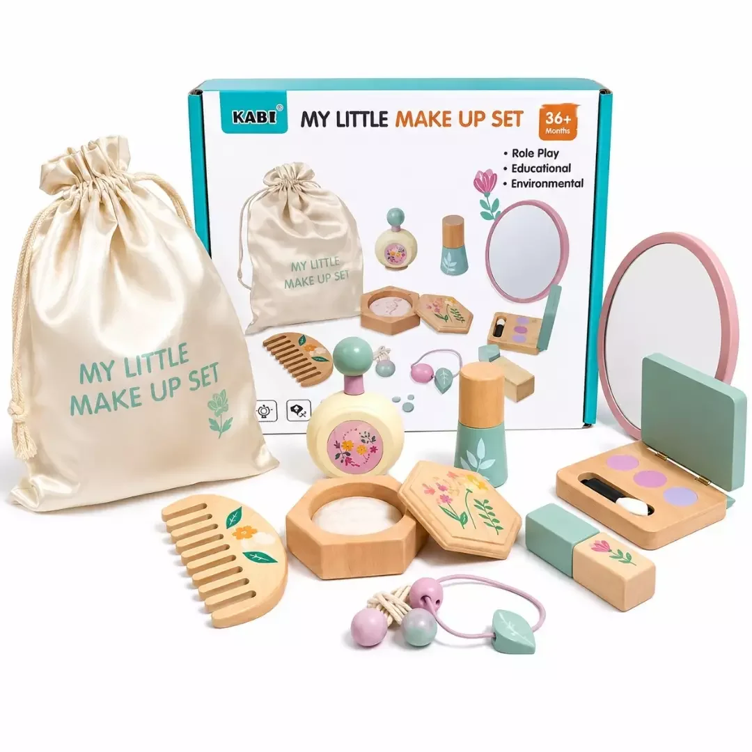 Toyly World™ Wooden Pretend Makeup Set for Kids 3+ | Montessori Beauty & Role Play Toy with Mirror, Comb & Accessories