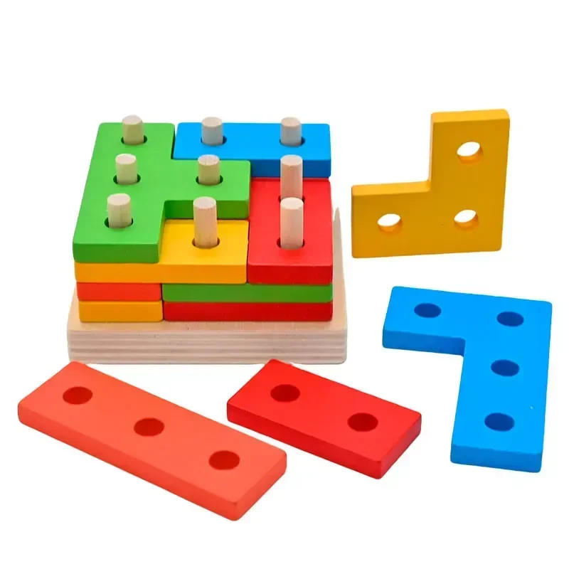Toyly World™ Wooden Geometric Shape Sorting & Building Puzzle for Kids 3+ | Montessori Educational Stacking Toy
